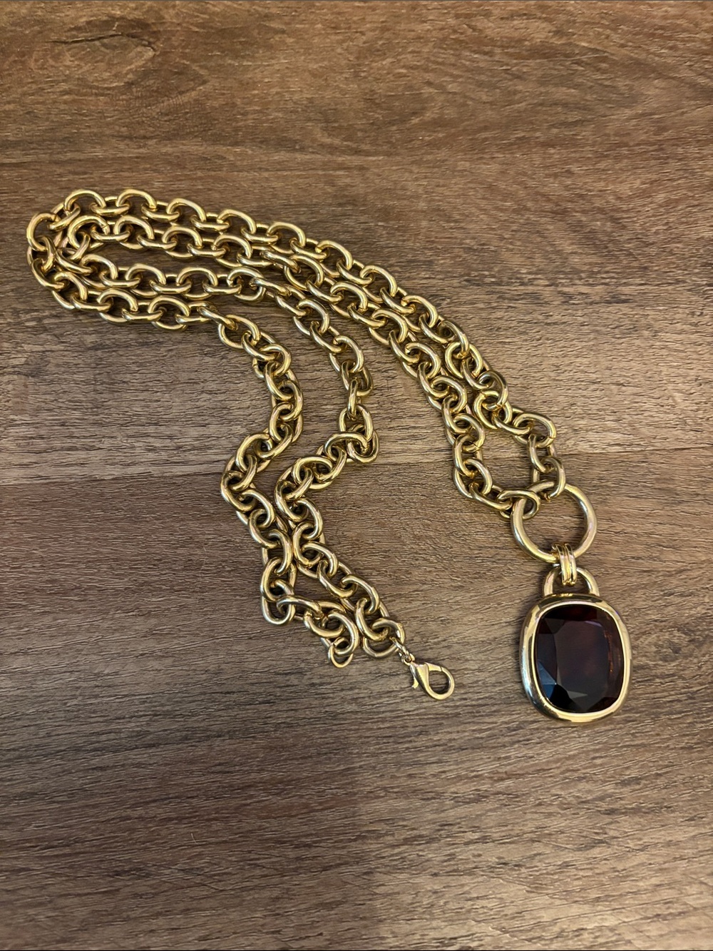 Joan Rivers Long Gold Chain Necklace with Brown Gem Pendant Chunky Statement